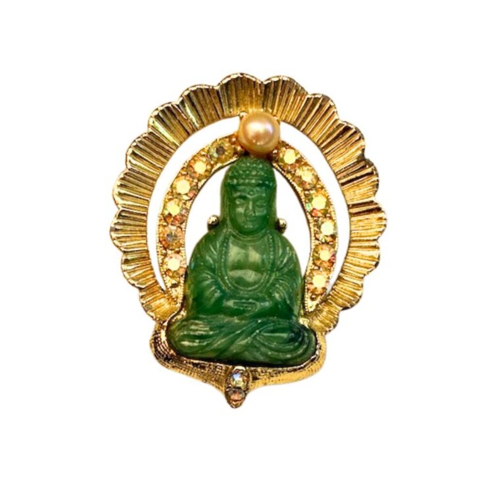 Mid Century Seated Vintage Buddha Halo Gold Tone Pin Brooch
